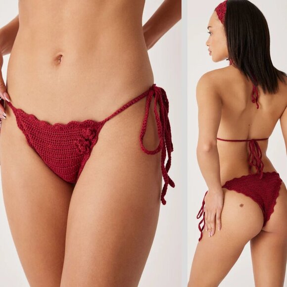 New! Frankie’s Bikinis Mackenzie String Crochet Ruby Bikini Bottom 4648 - Picture 1 of 9